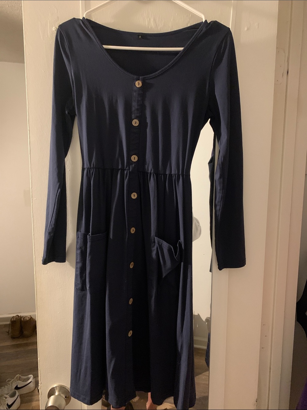 Long Sleeve Navy Button-Front Women's Dress